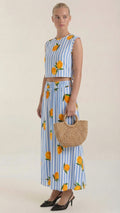 Woman's Maxi Dress Set - Striped, Flowy Skirt - Lemon Print
