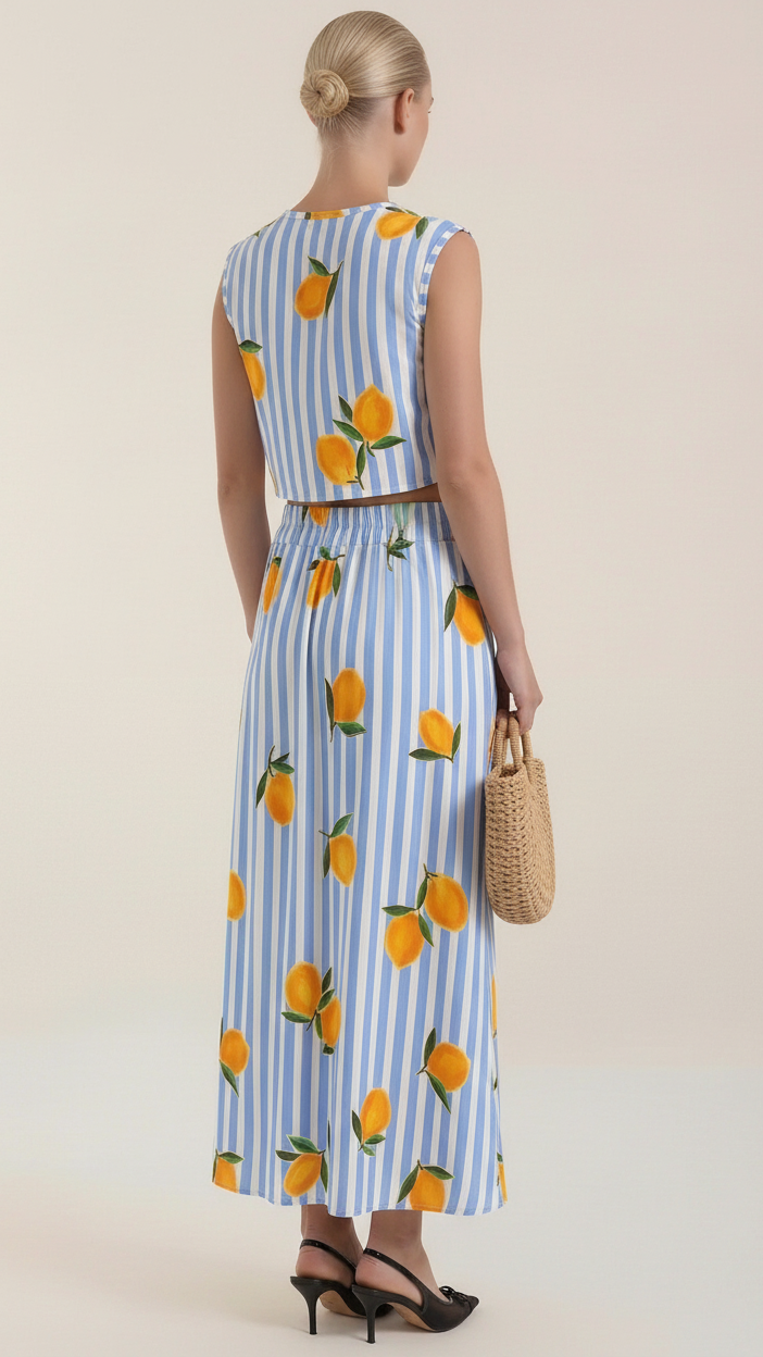 Woman's Maxi Dress Set - Striped, Flowy Skirt - Lemon Print