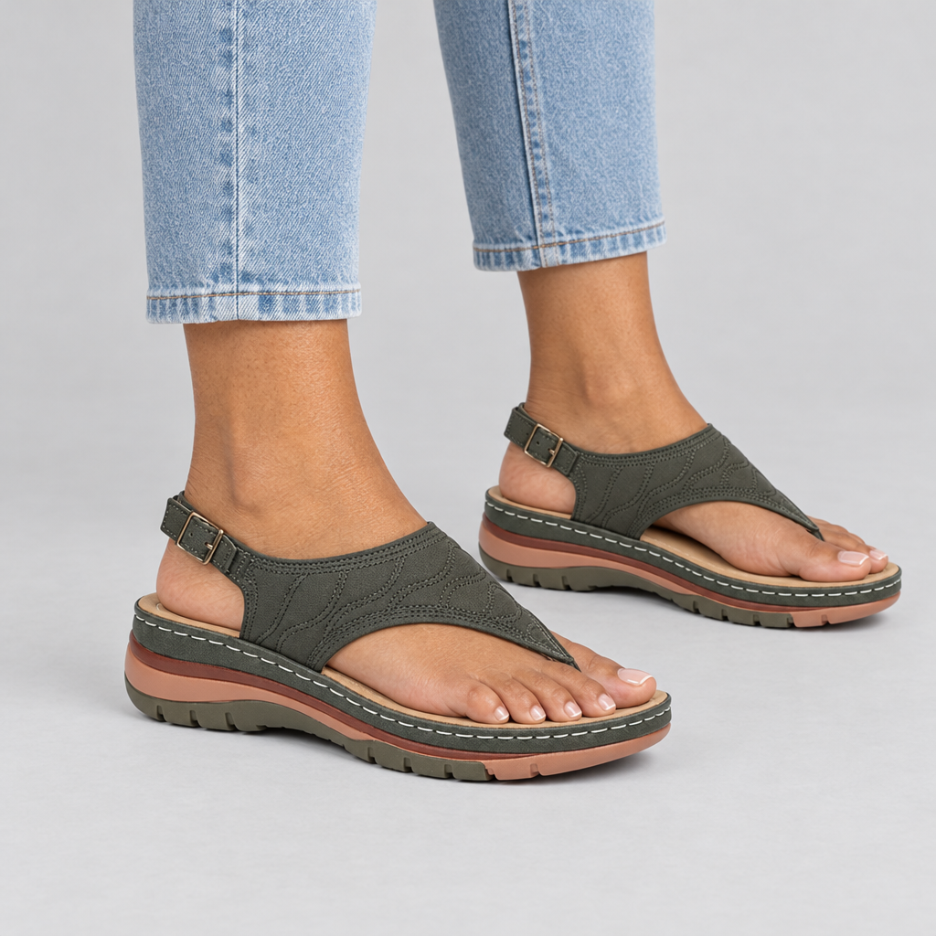 Olive green toe-post thong sandals on feet with cropped light blue jeans
