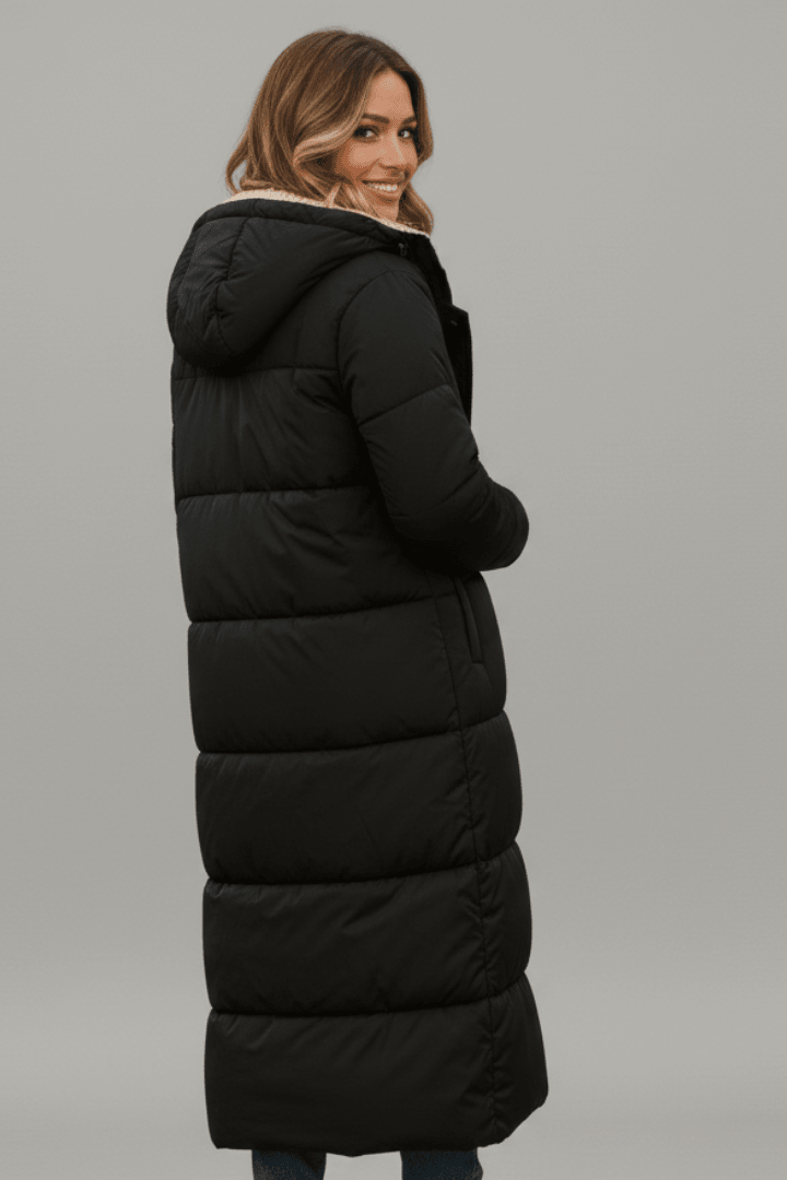 Black long puffer coat with hood, quilted panels, and full back view