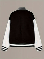 Black and white varsity bomber jacket back view with striped rib hem and cuffs