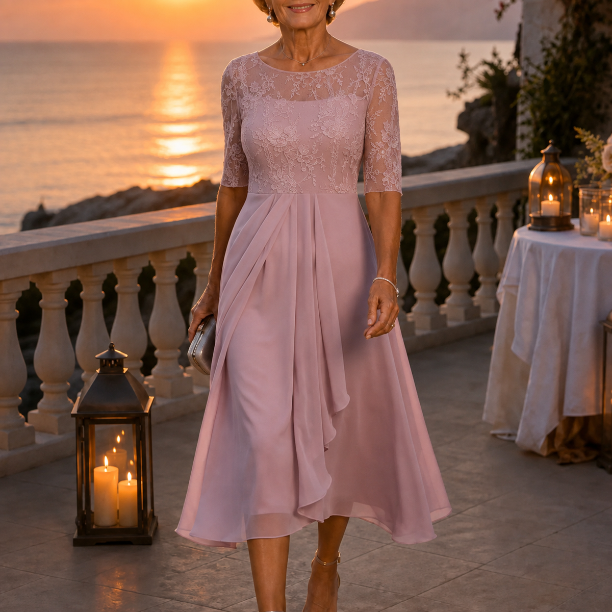 Blush pink embroidered lace bodice midi dress with elbow-length sleeves and flowing chiffon skirt