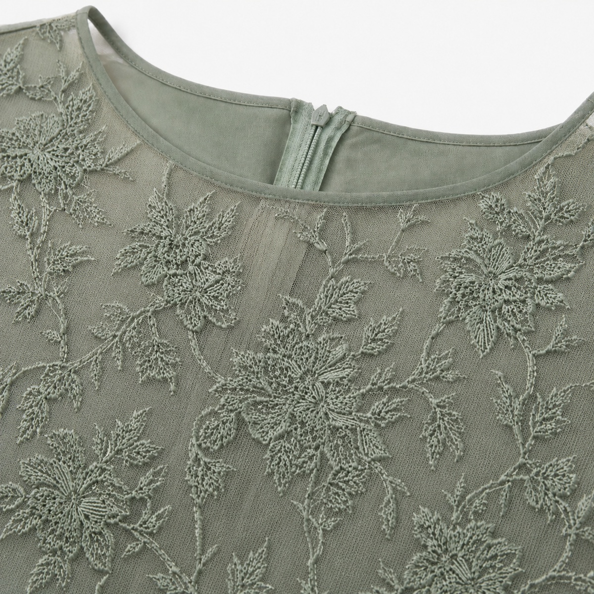 Sage green embroidered lace bodice with floral lace pattern and neckline trim