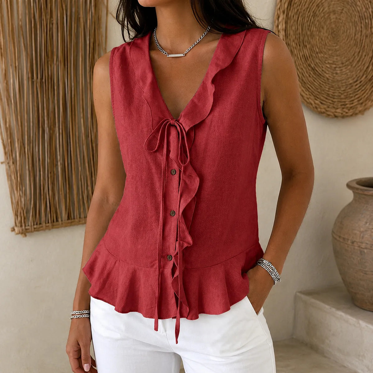 Wine-red sleeveless ruffle V-neck blouse with tie bow and peplum hem