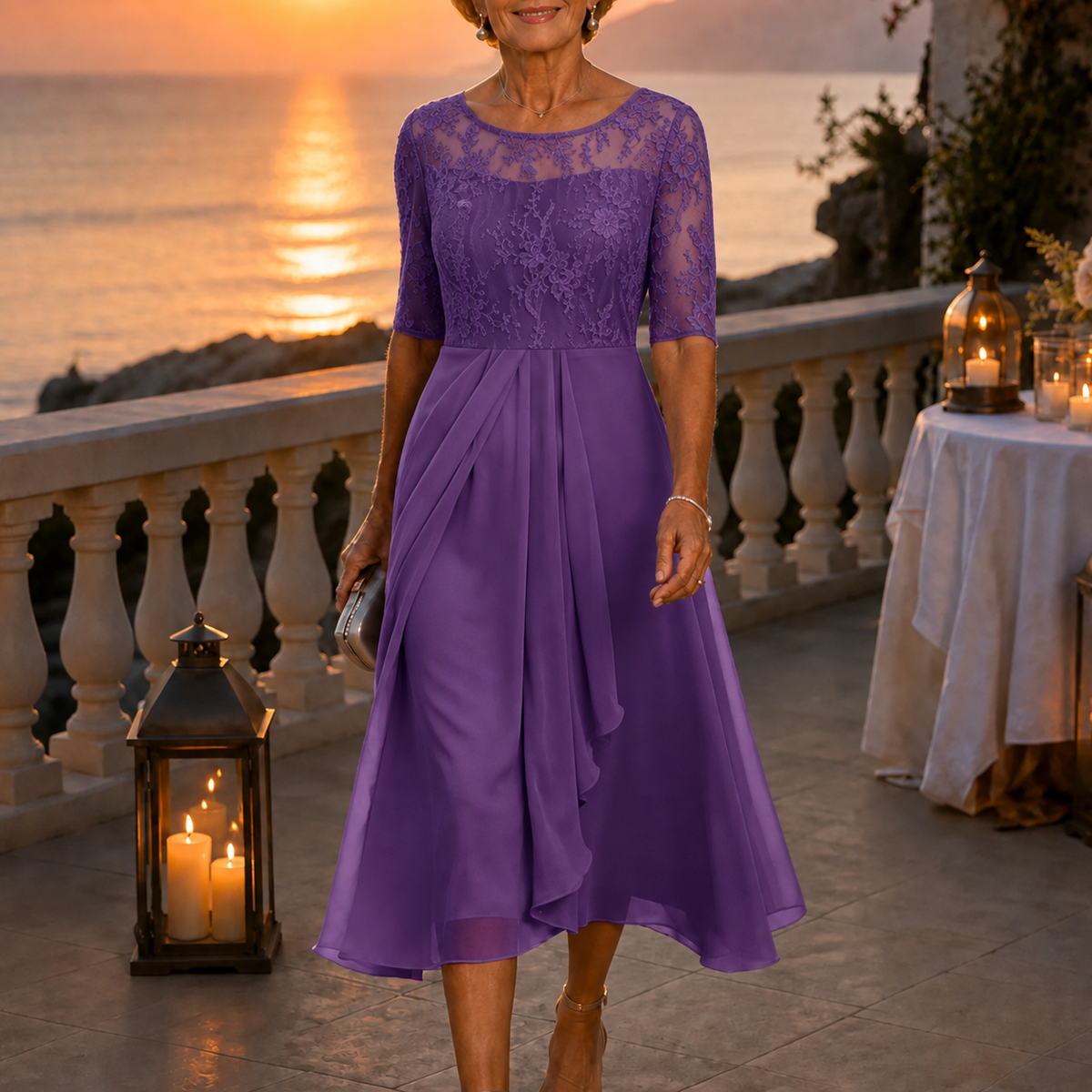 Purple embroidered lace bodice midi dress with elbow-length sleeves and draped chiffon skirt