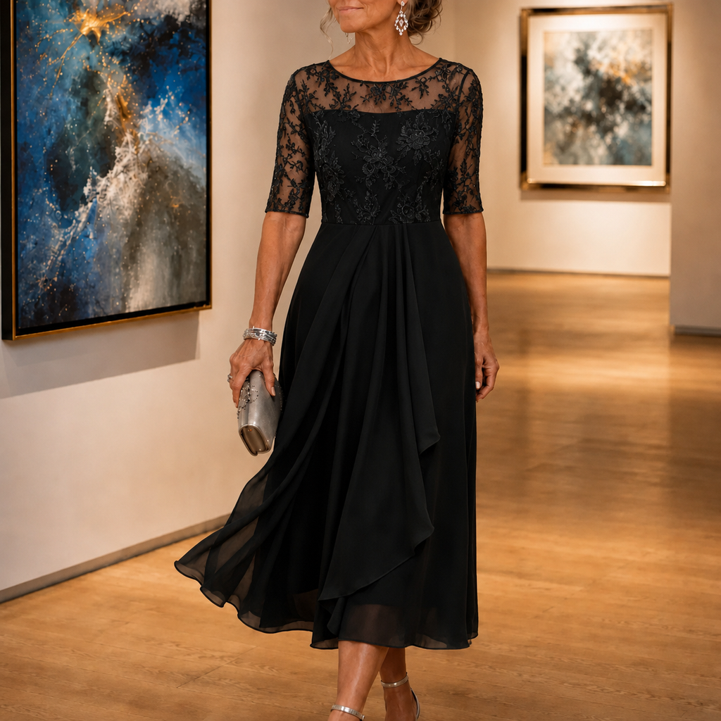 Black embroidered lace bodice midi dress with lace half sleeves and layered chiffon skirt
