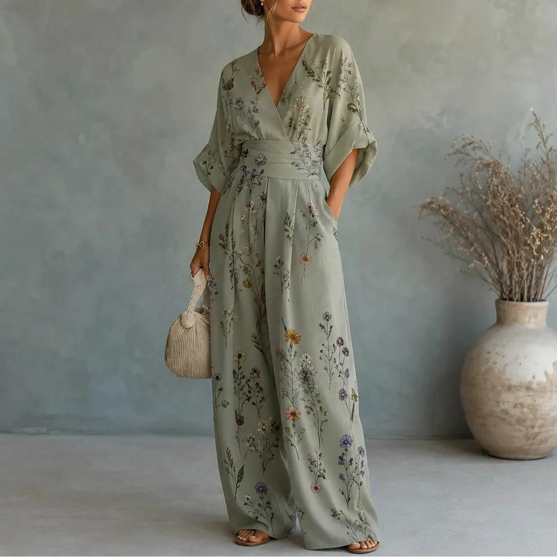 Women's botanical V-neck wide-leg jumpsuit with cinched waist and pockets, sage green.