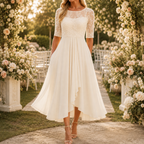 Ivory embroidered lace bodice midi dress with pleated chiffon-look skirt