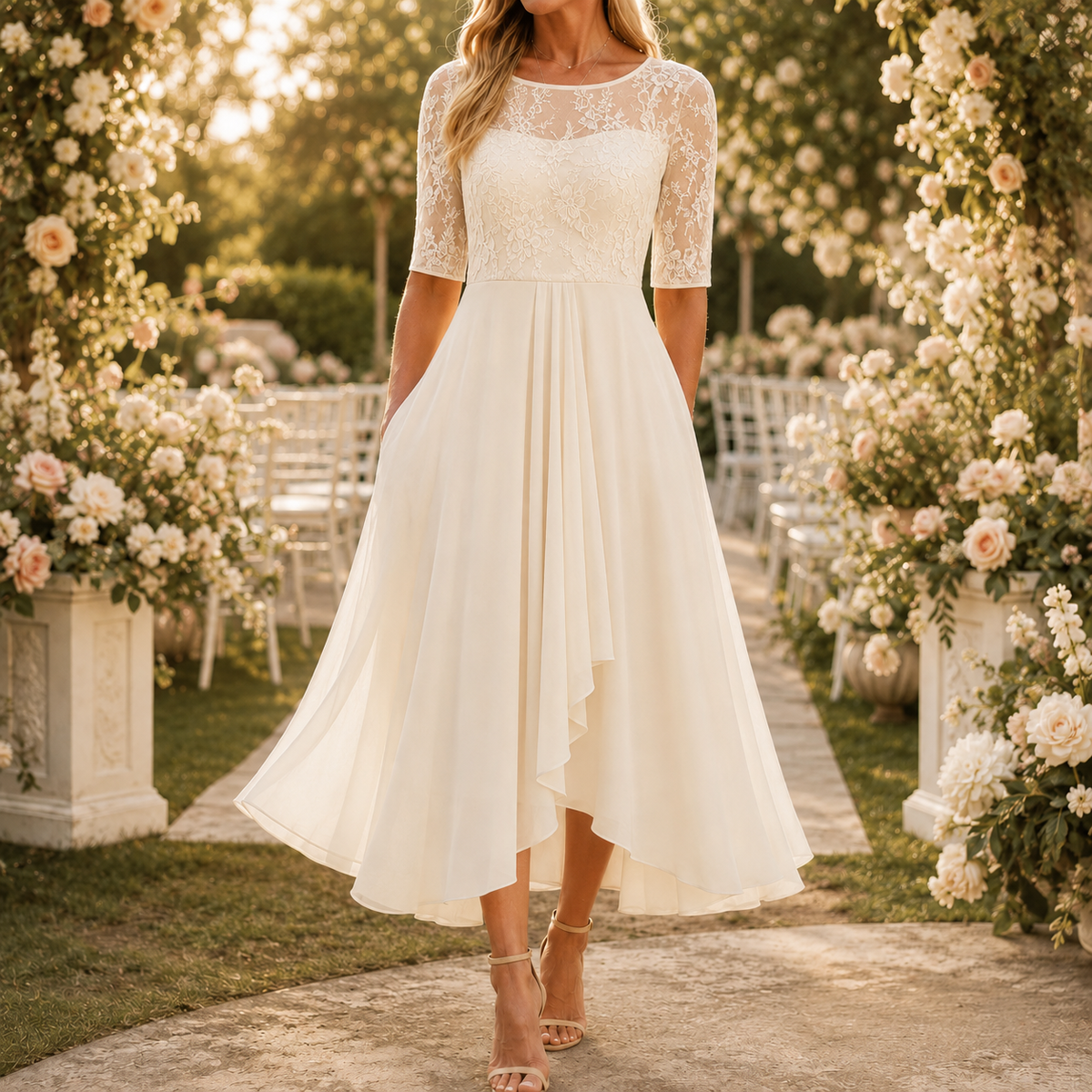 Ivory embroidered lace bodice midi dress with pleated chiffon-look skirt