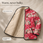 Wearbella floral quilted jacket opened to show cream quilted lining and snap closure