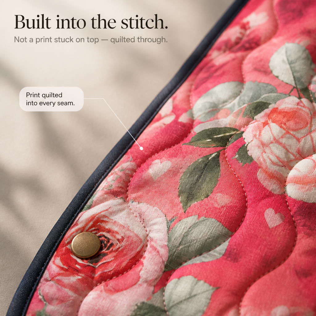 Close-up of Wearbella jacket's pink floral print, stitched quilting, dark trim and snap