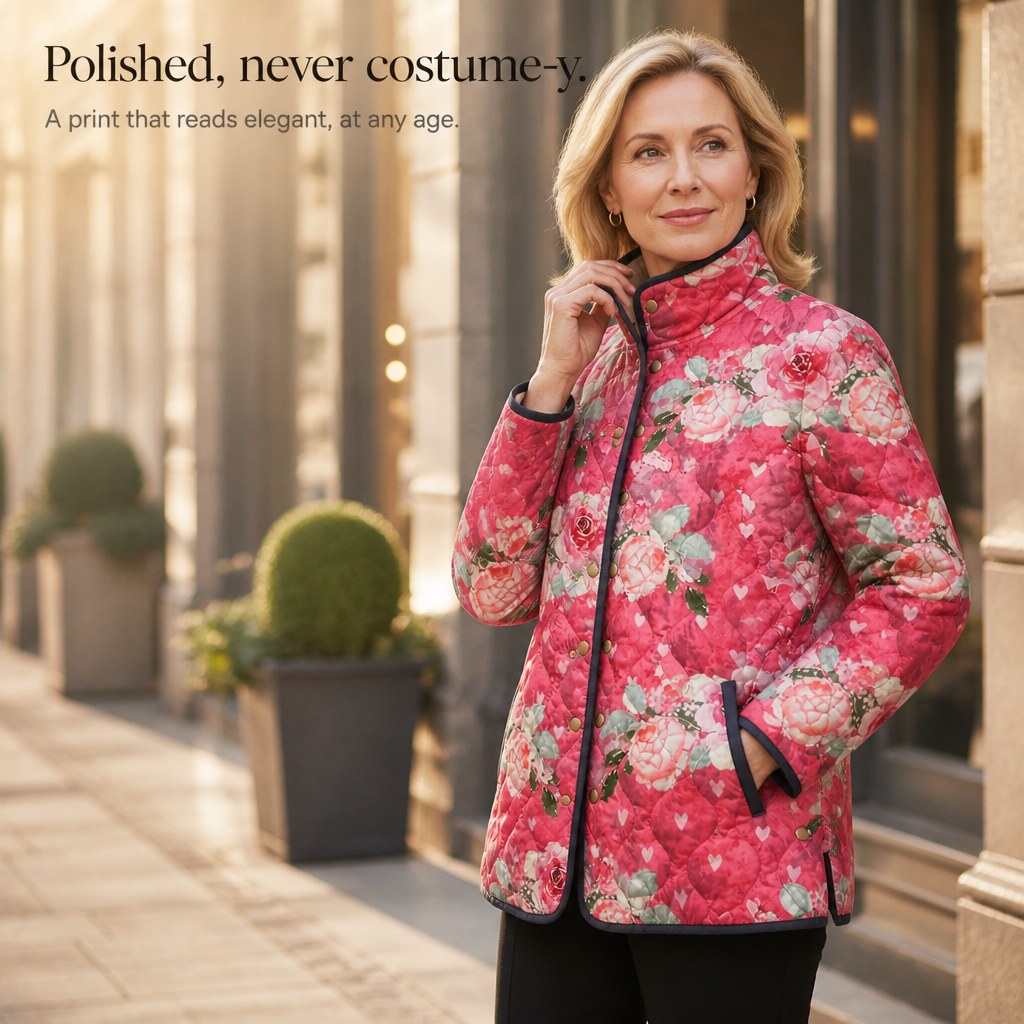 Wearbella pink floral quilted jacket with stand collar and front welt pockets