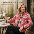 Wearbella floral quilted puffer jacket in pink with a stand collar and contrast trim, worn open.
