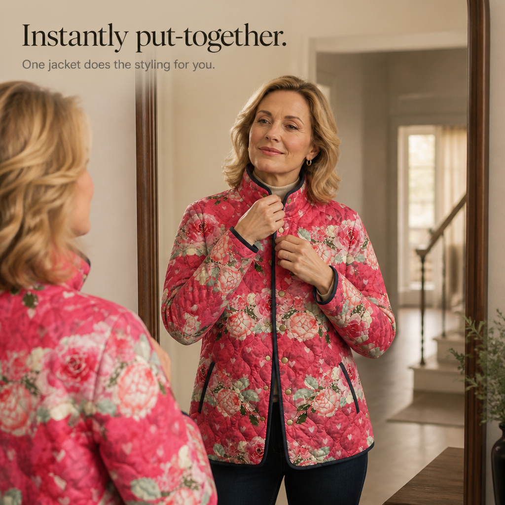 Wearbella pink floral quilted puffer jacket with dark piping, shown fastened at the collar.