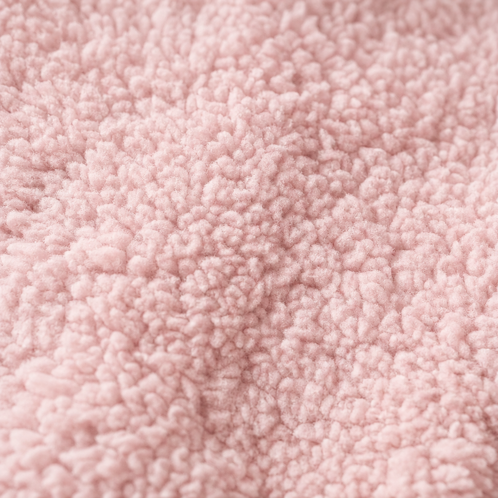 Close-up of the pink jacket's soft, curly fleece texture