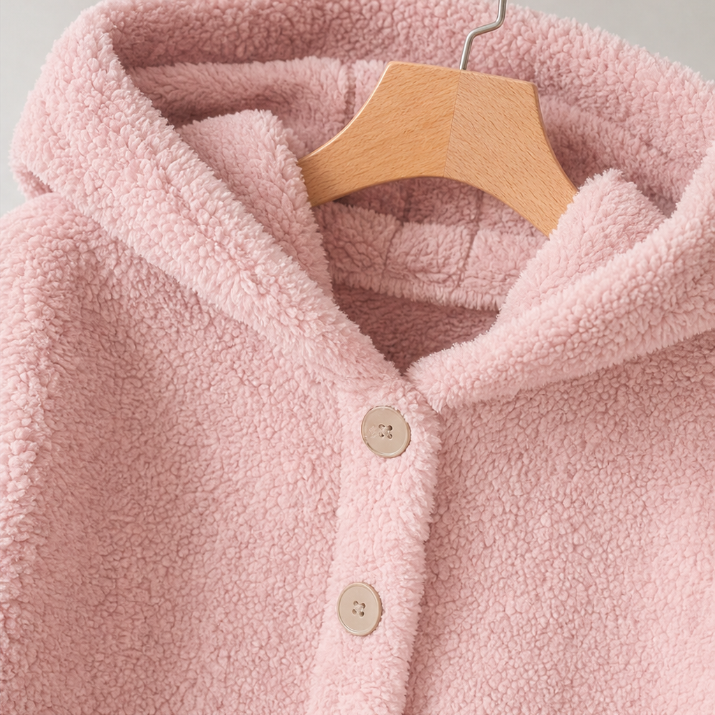 Pink fleece jacket hood and button-front detail