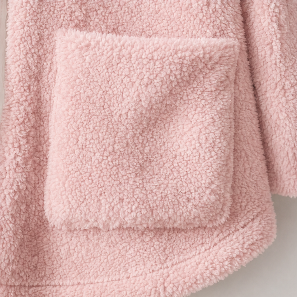 Close-up of a large patch pocket on the pink fleece jacket