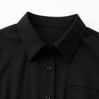 Black shirt jumpsuit collar with button placket and front yoke detail