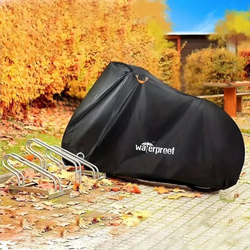 Black waterproof bicycle cover with drawstring opening, for outdoor storage