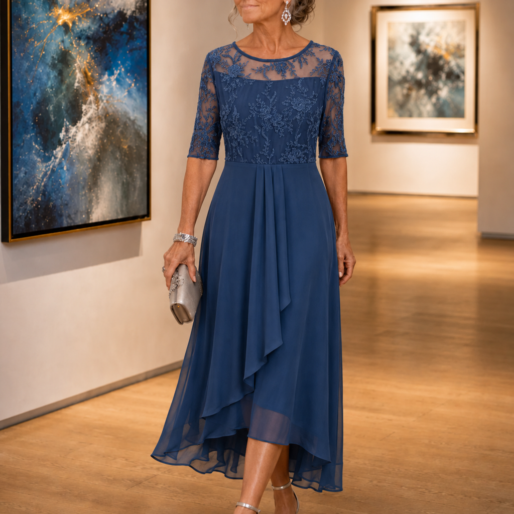 Navy blue embroidered lace bodice midi dress with half sleeves and layered chiffon skirt