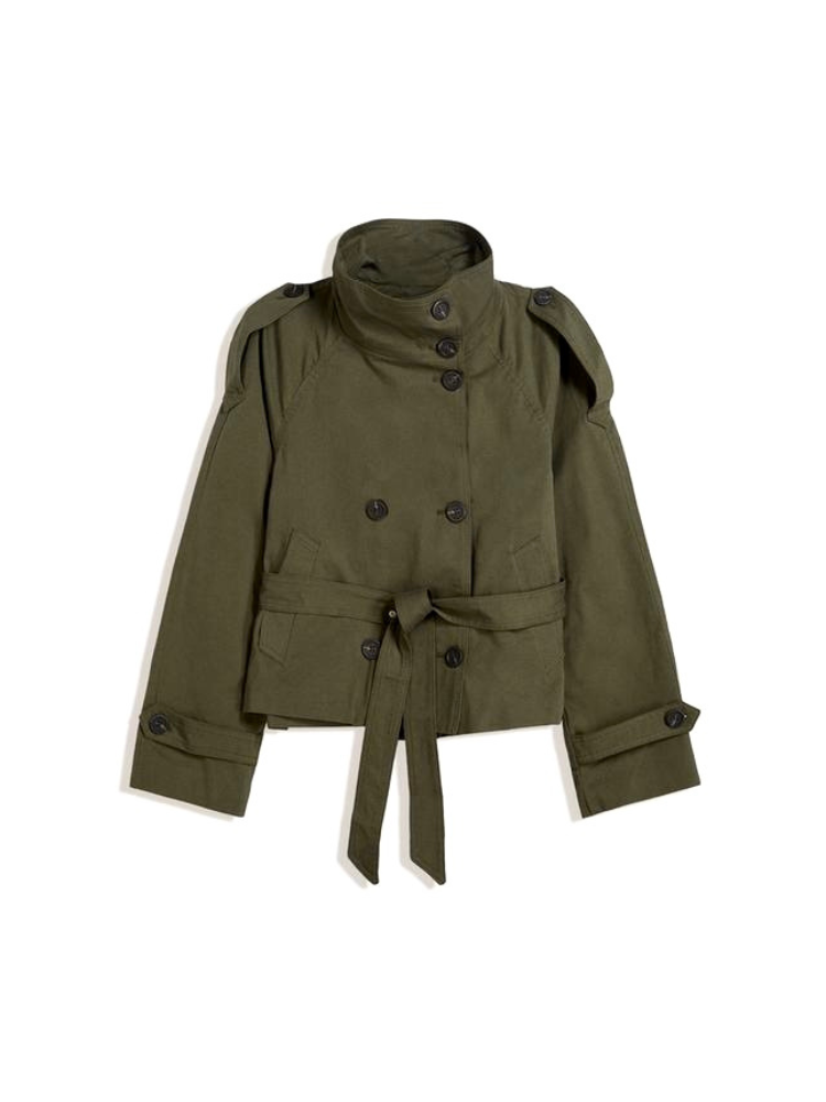 Women's cropped double-breasted jacket with stand collar and tie belt, army green