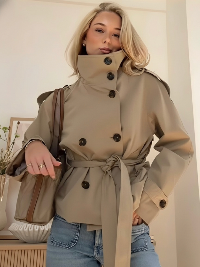 Women's cropped double-breasted short jacket with stand collar and tie belt, khaki