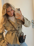 Women's cropped double-breasted jacket with stand collar and tie belt, light khaki