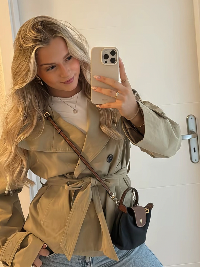 Women's cropped double-breasted jacket with stand collar and tie belt, light khaki