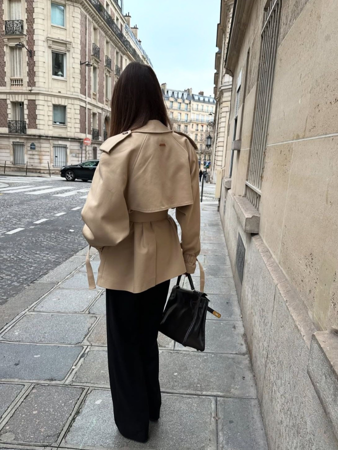 Women's cropped double-breasted jacket with stand collar and tie belt, khaki, rear view