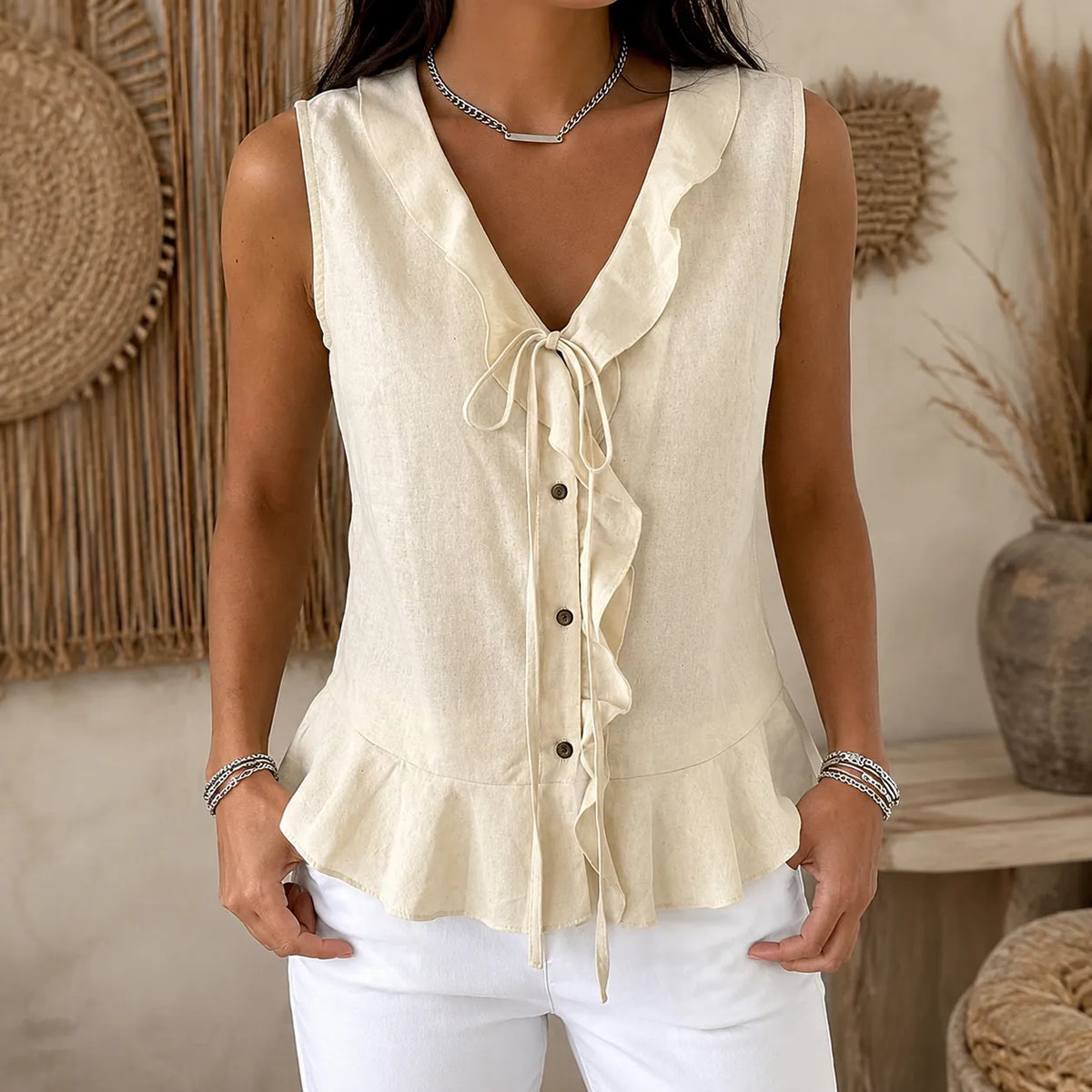 Cream sleeveless V-neck blouse with tie bow, button front, and peplum ruffle