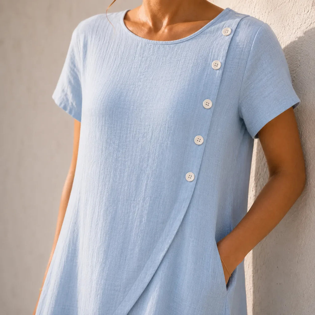 Powder blue crew-neck midi dress with vertical button placket detail