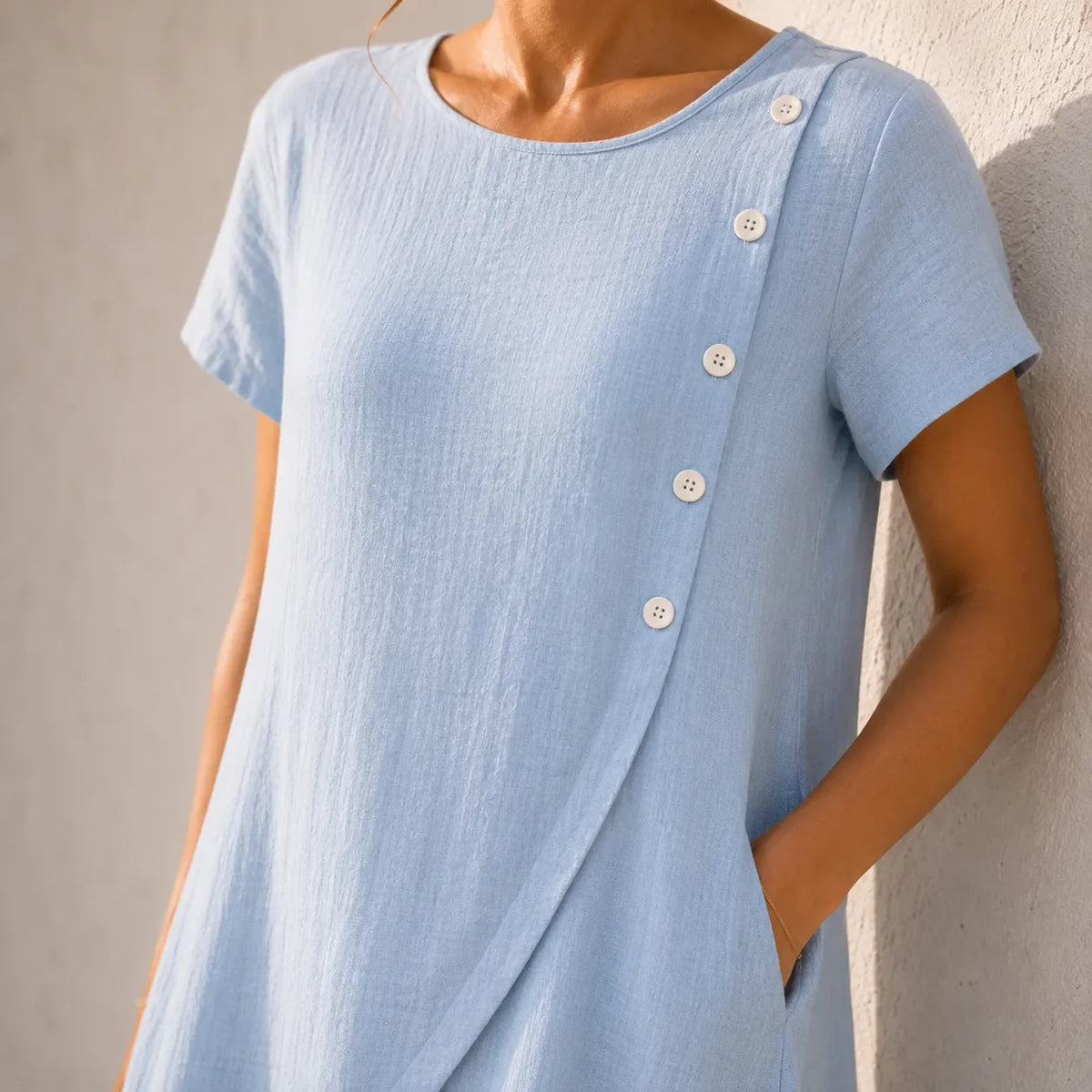 Powder blue crew-neck midi dress with vertical button placket detail