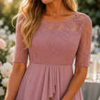 Mauve embroidered lace bodice midi dress with 3/4 lace sleeves and pleated skirt