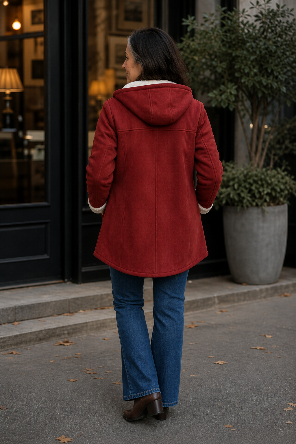 Back view of brick red hooded faux suede coat with plush cuffs