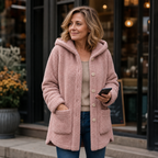 Pink fleece winter jacket with hood, front buttons and patch pockets
