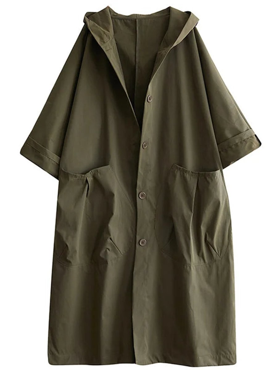Women's long hooded trench coat in olive green, oversized fit, button front, side pockets