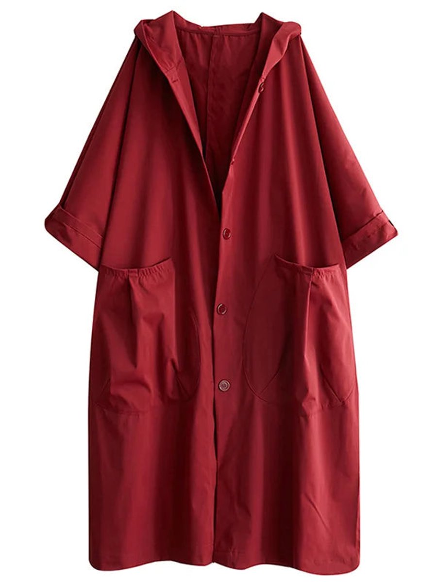 Women's long hooded trench coat in red, oversized fit, button front, side pockets