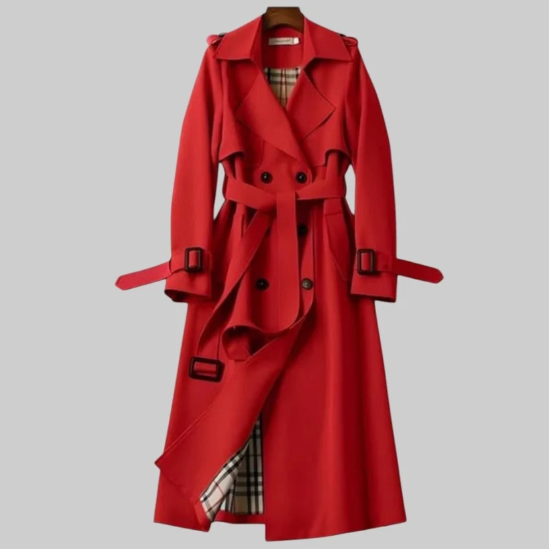 Red longline belted trench coat with tie waist, double-breasted buttons, long sleeves