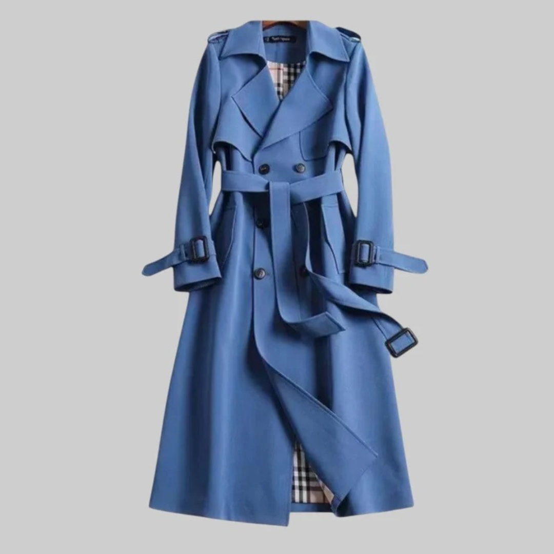 Blue longline belted trench coat with tie waist, double-breasted buttons, long sleeves