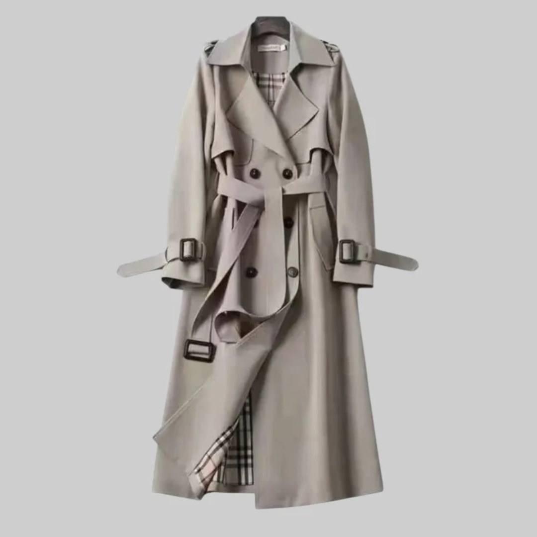 Beige longline belted trench coat with tie waist, double-breasted buttons, long sleeves