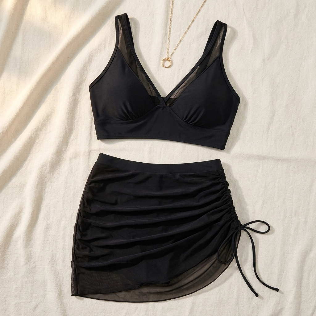 Black mesh bikini set with V-neck bra and ruched high-waist skirt bottom
