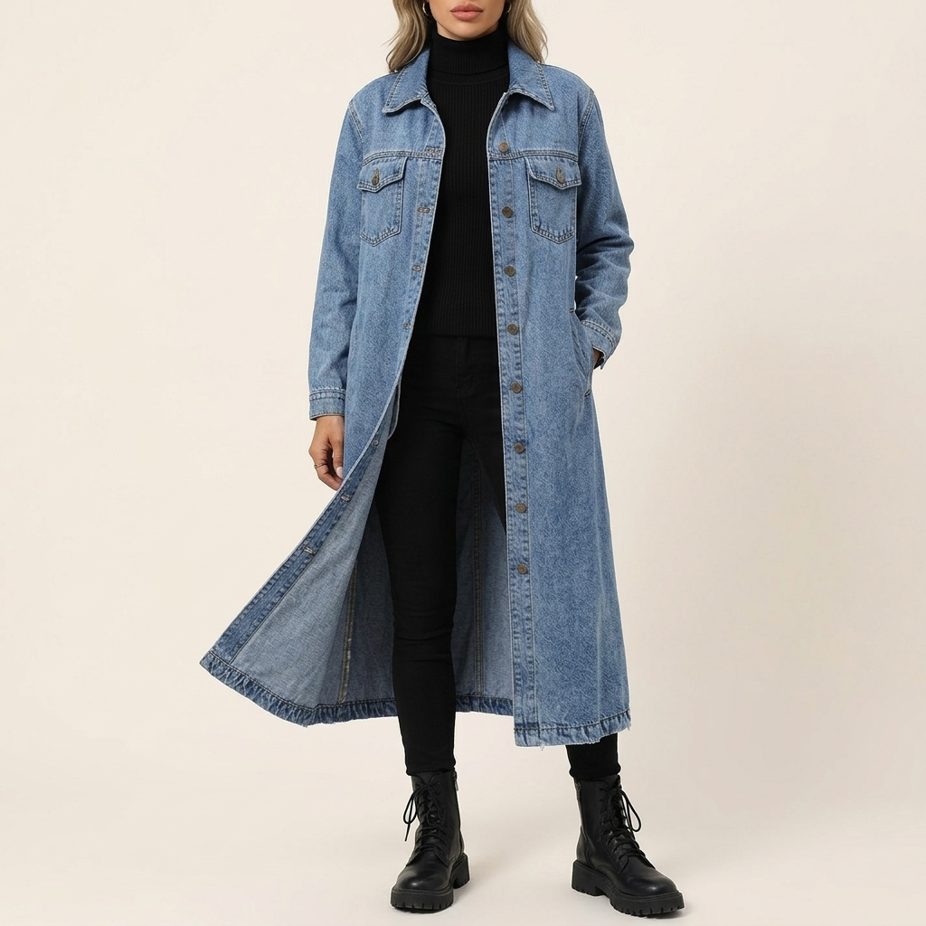 Blue longline denim coat with a collared neckline, chest pockets, and button front