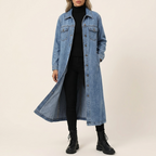 Blue longline denim coat with a collared neckline, chest pockets, and button front