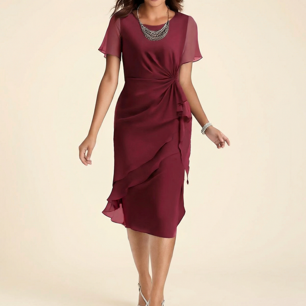 Burgundy twist-waist ruffle midi dress with short sleeves and draped front