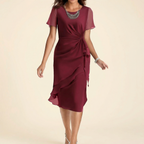 Burgundy twist-waist ruffle midi dress with short sleeves and draped front