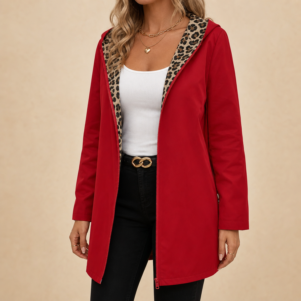 Red hooded coat with leopard-print lining and front zipper