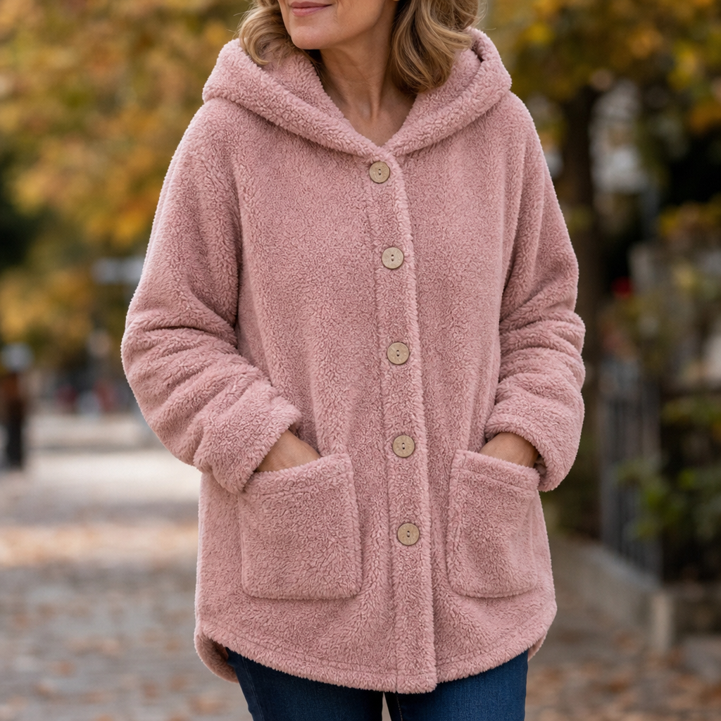 Pink hooded fleece jacket with button front and two large patch pockets