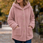 Pink hooded fleece jacket with button front and two large patch pockets