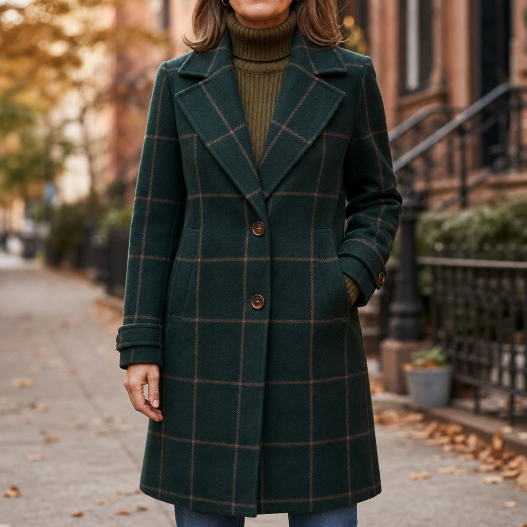 Front view of green plaid coat with two buttons, pockets, and notched lapels
