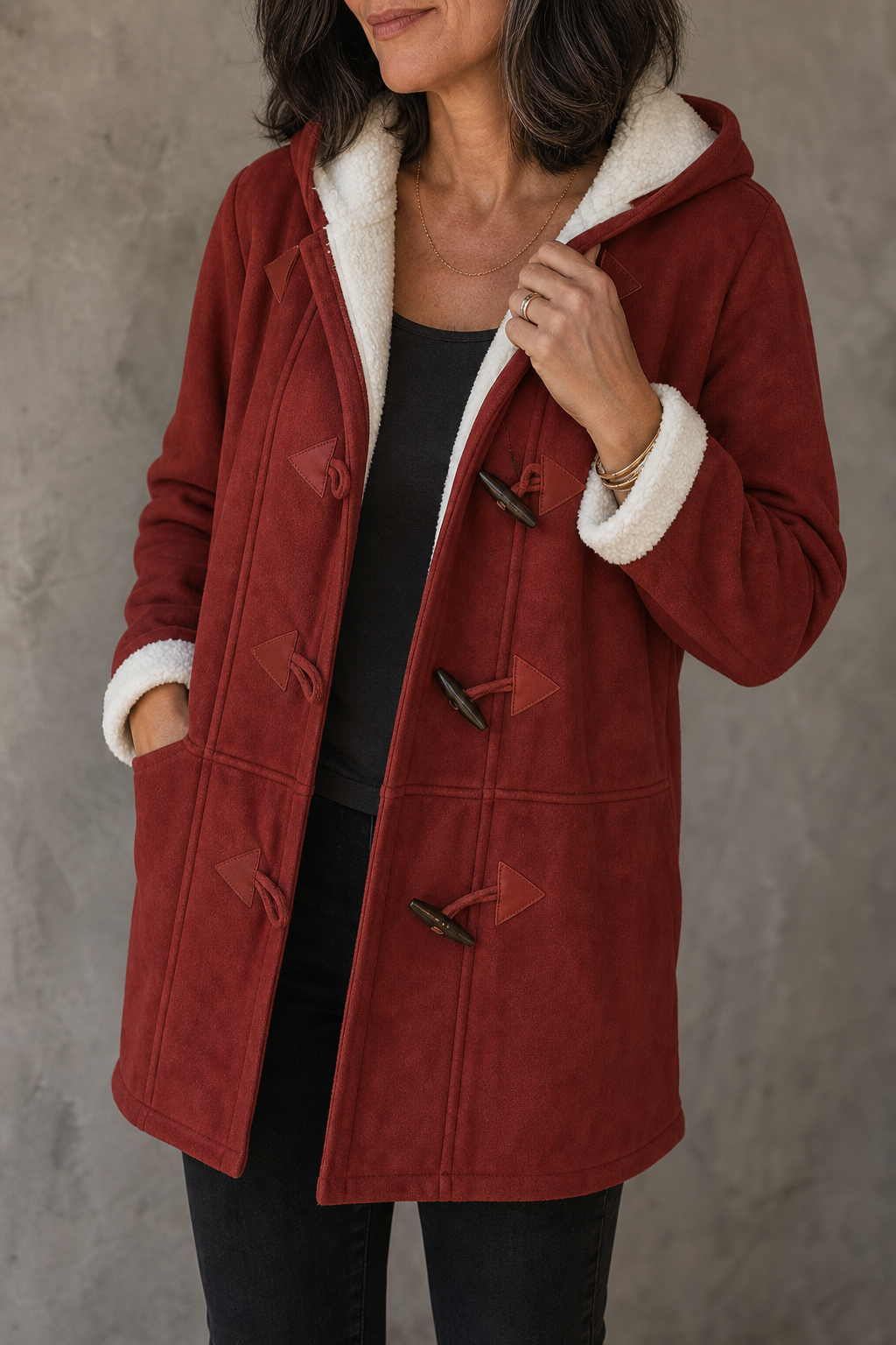 Brick red hooded faux suede coat with plush lining, toggle closures and cuff trim